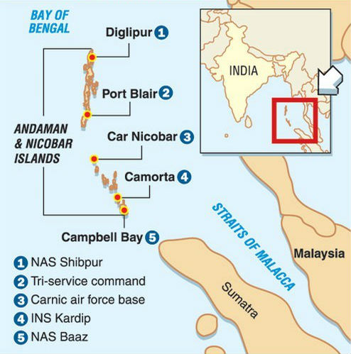 Các căn cứ trên quần đảo Andaman và Nicobar của Ấn Độ nằm chặn ngay eo biển Malacca