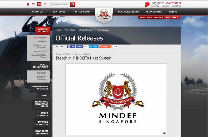 Bộ Quốc phòng Singapore bị tấn công mạng, lộ thông tin 850 người